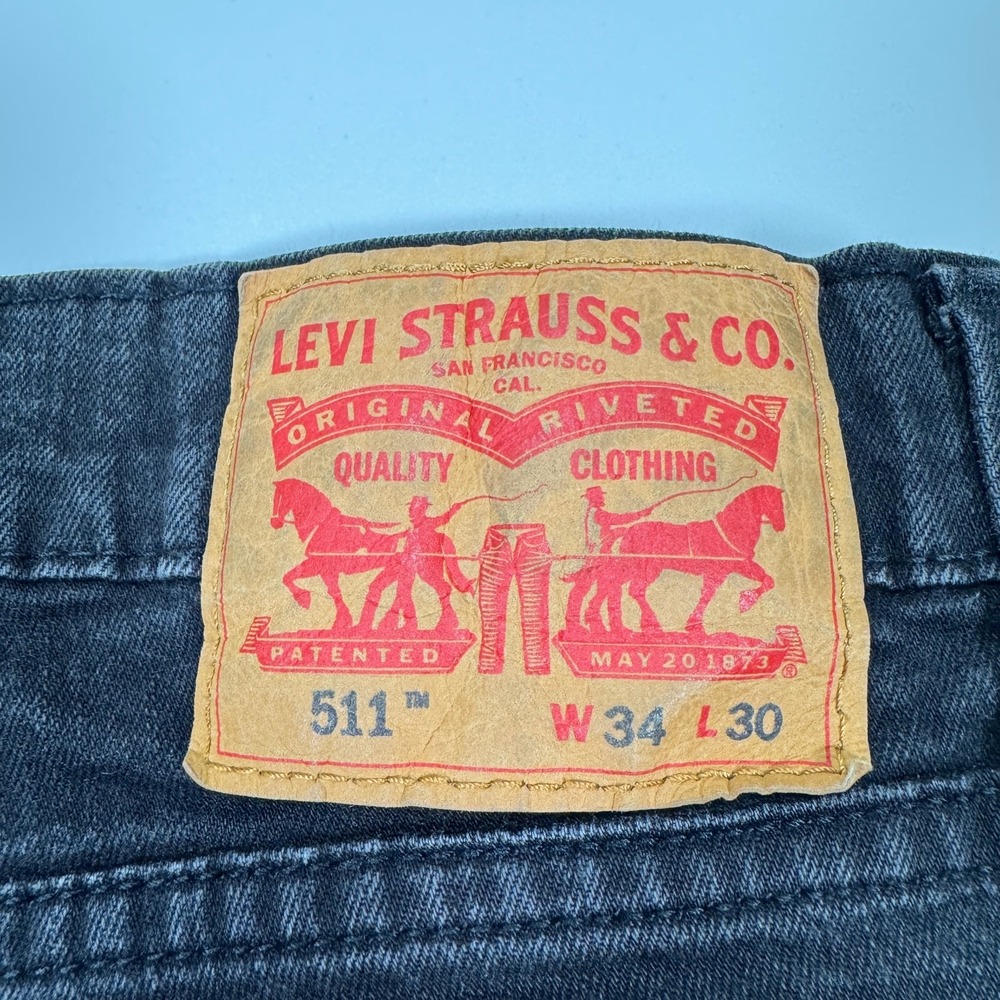Levi's 511 Jeans Mens 34x30 Fit 32x28 Black Faded Denim Straight Grunge Skate - Picture 9 of 14